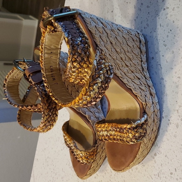 Stuart Weitzman Alex Wedge Platform Sandal 7 M Gilt African Raffia JW77277 - Picture 2 of 6